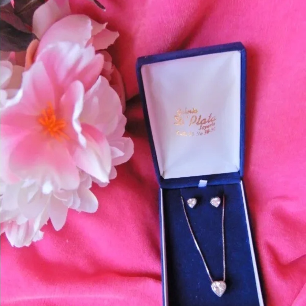 GALERIA D'PLATA JOYERIA 925 ITALY STERLING SILVER ZIRCON NECKLACE EARRINGS HEART